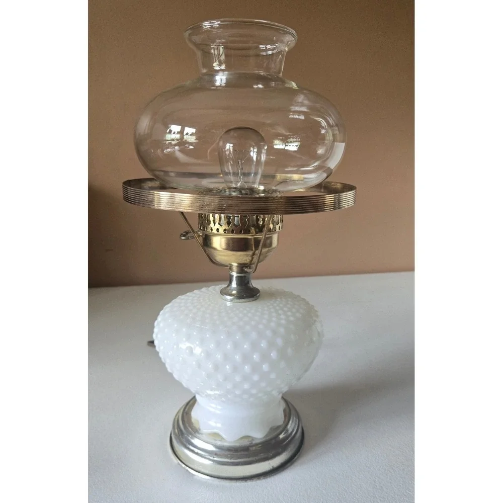 Vintage Hobnail Milk Glass Electric Hurricane Lamp White Glass Brass Accent